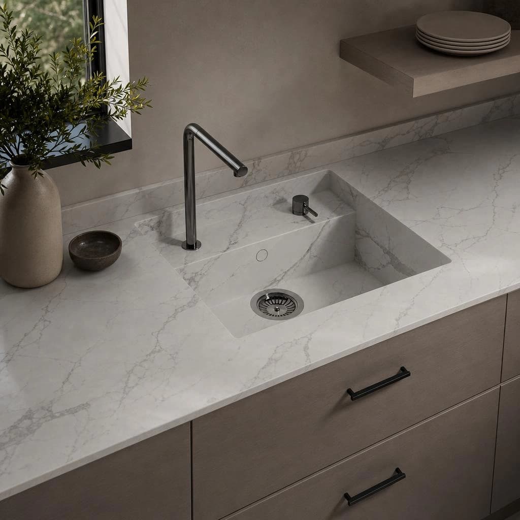 Dekton Aura Arbeitsplatte mit integriertem Spülbecken, Armatur und geäderter Rückwand