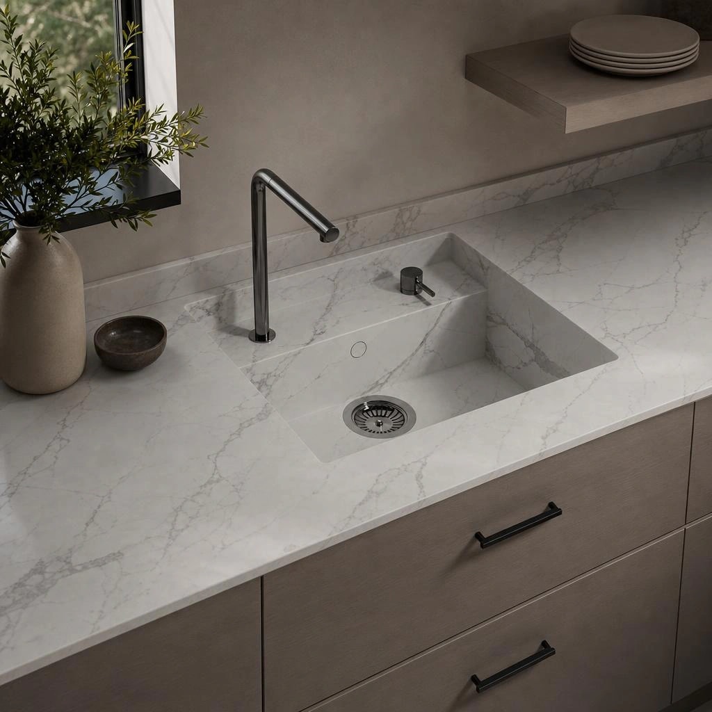 Dekton Aura worktop with integrated sink, tap and veined backsplash