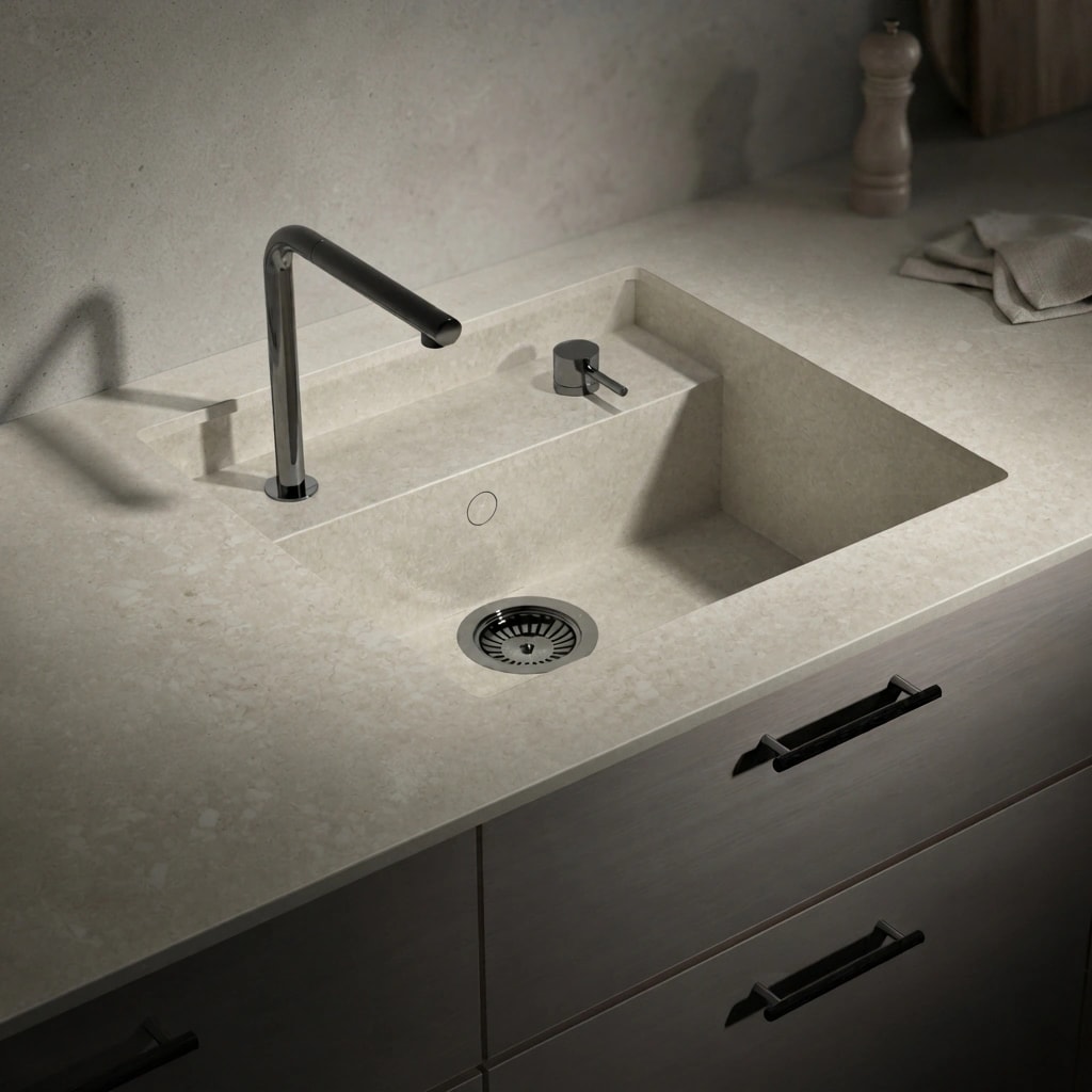 Dekton Ava countertop with integrated sink, black faucet and drawer unit