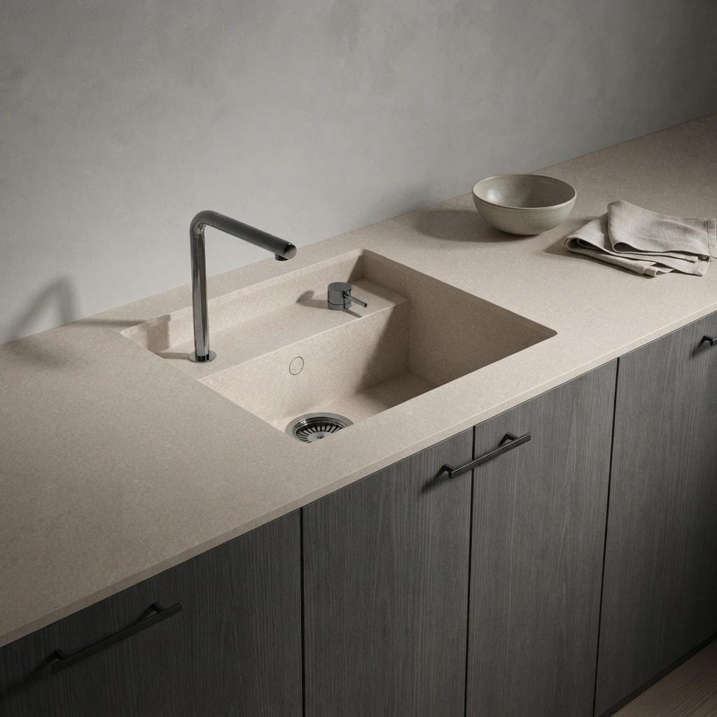 Dekton Saladeta countertop in Avorio with integrated sink, faucet and dark cabinets
