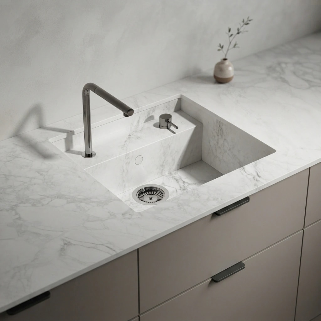 Dekton Bergen Arbeitsplatte mit integriertem Spülbecken, Armatur und Rückwand in einer Küche