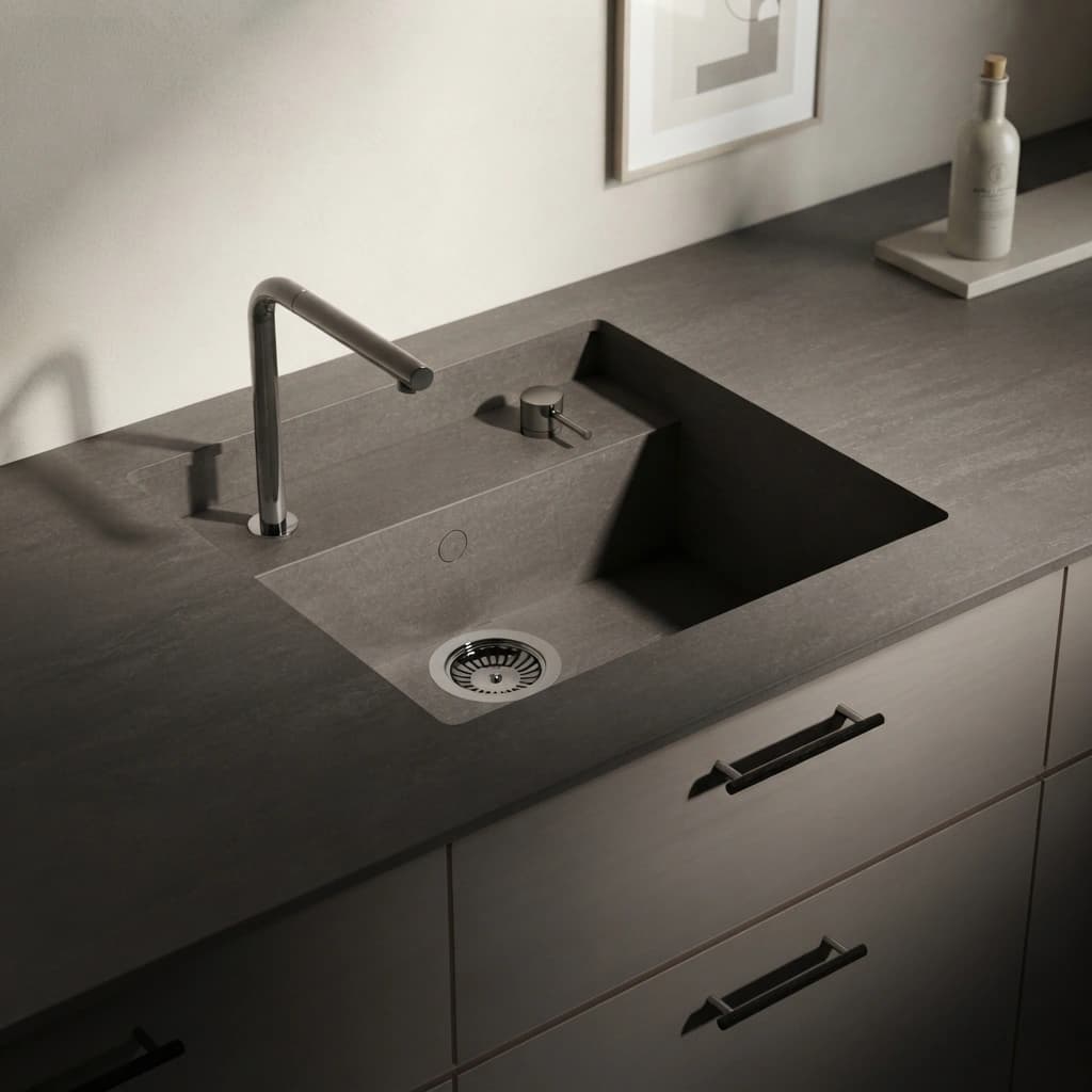 Dekton Bromo worktop with integrated sink, tap and countertop dispenser