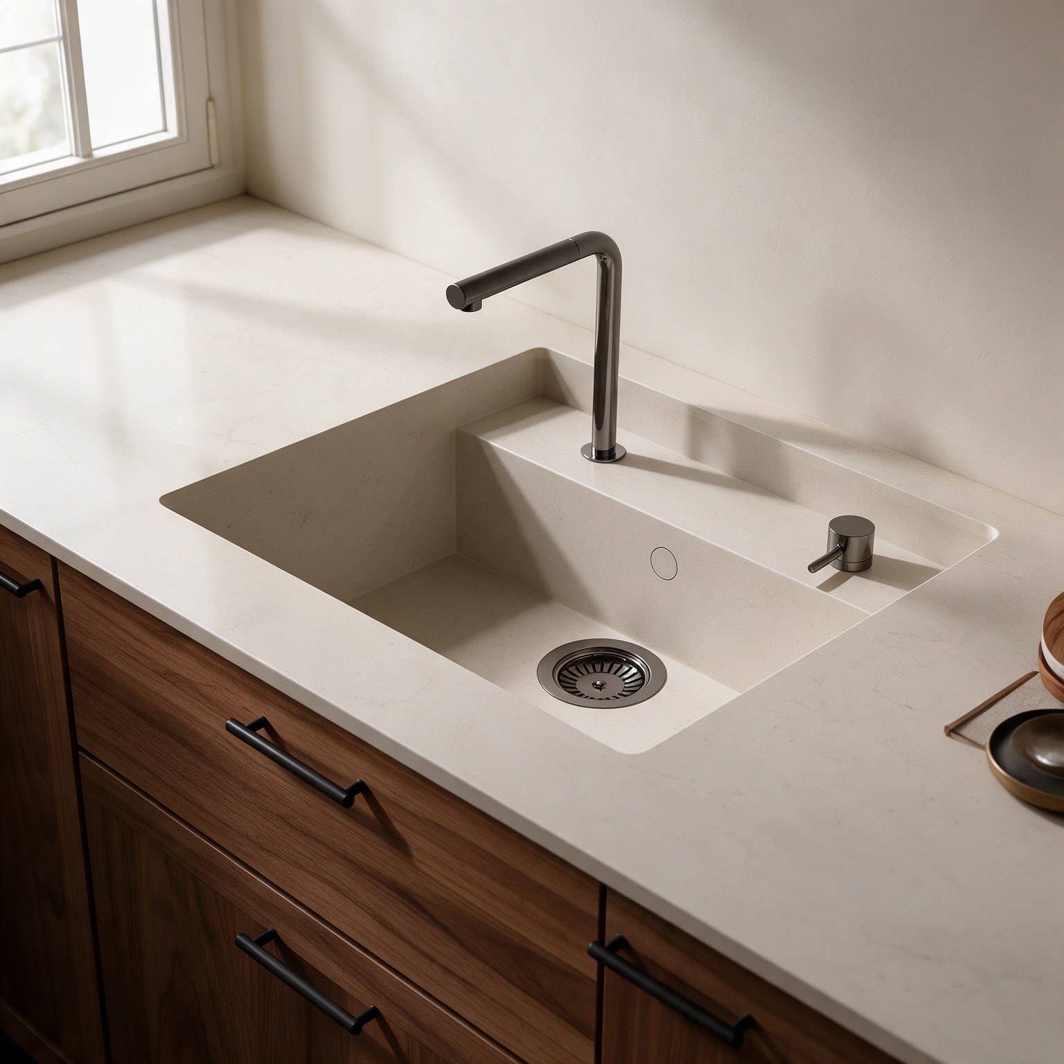 Spüle Saladeta, integriert in eine Küchenarbeitsplatte aus Dekton Danae.