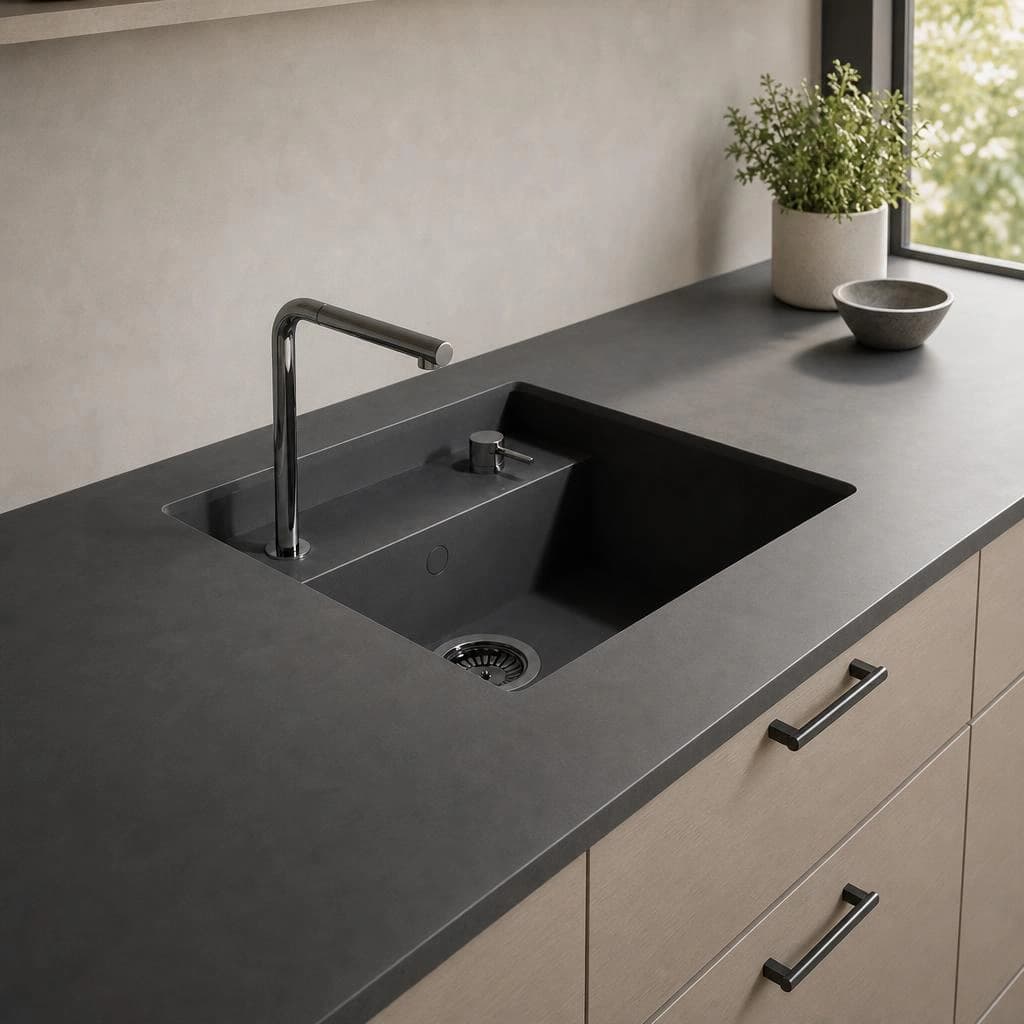 Dekton Saladeta countertop in Domoos with integrated sink and black tap