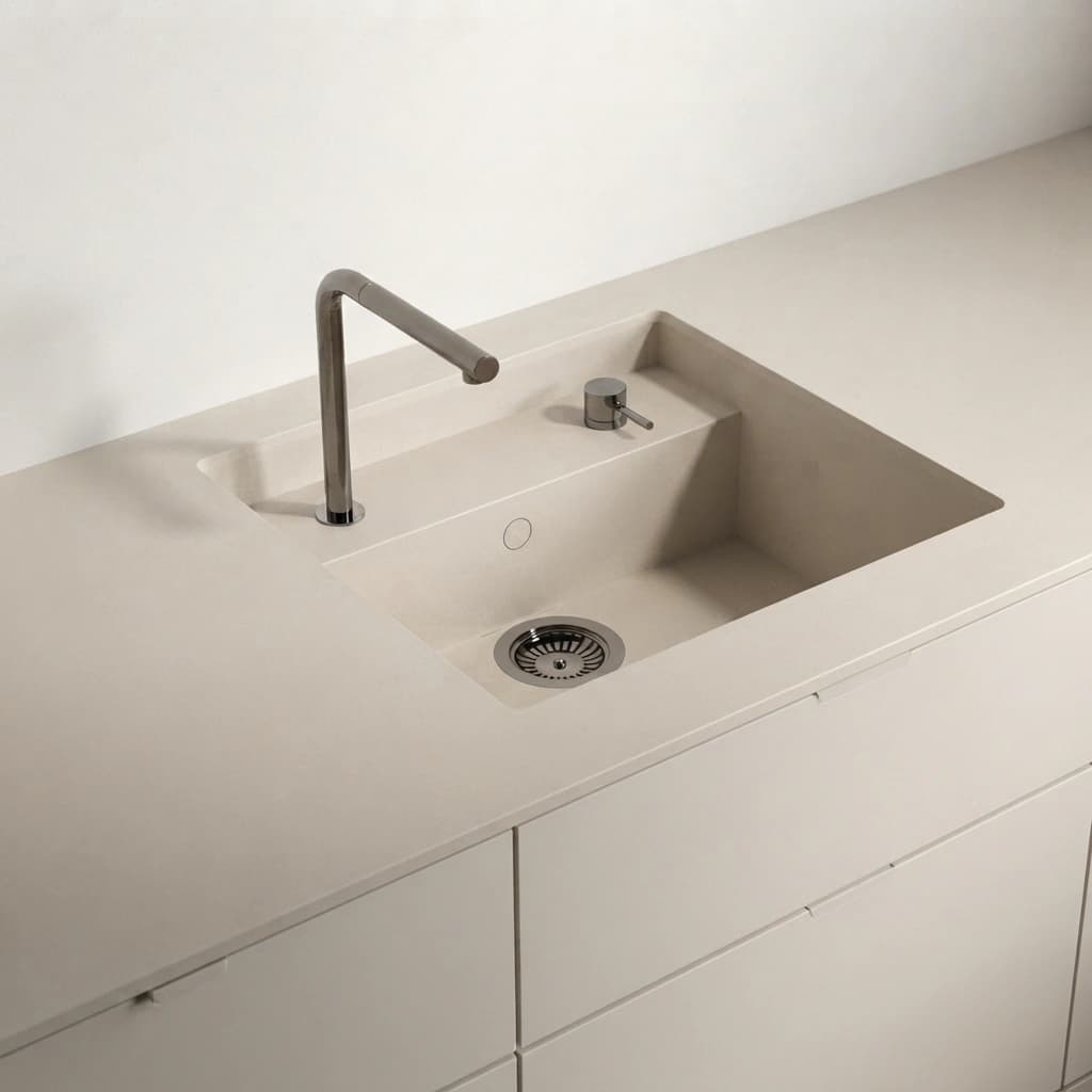 Dekton Dunna Arbeitsplatte mit integriertem Spülbecken, Armatur und Seifenspender