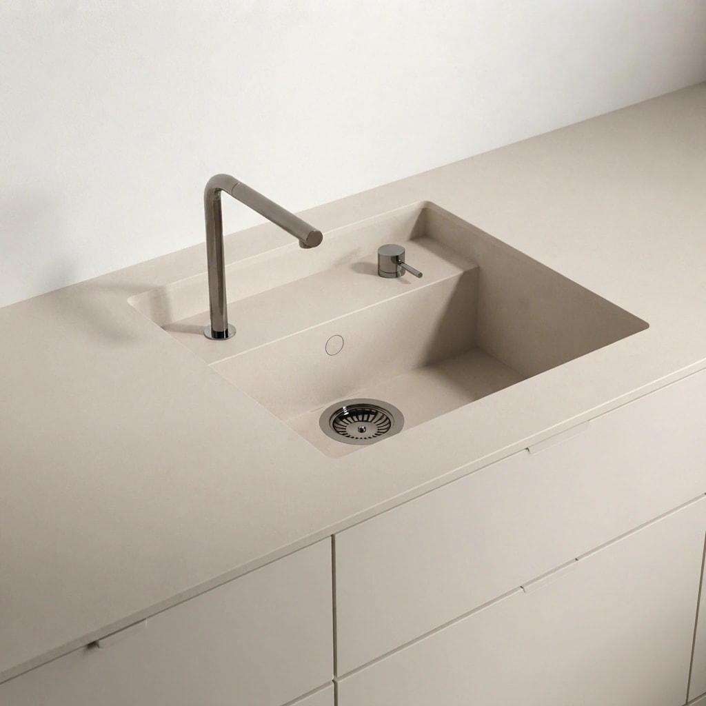 Dekton Dunna countertop with integrated sink, faucet and soap dispenser