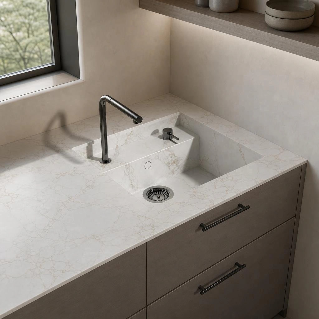 Dekton Entzo countertop with integrated sink and chrome faucet