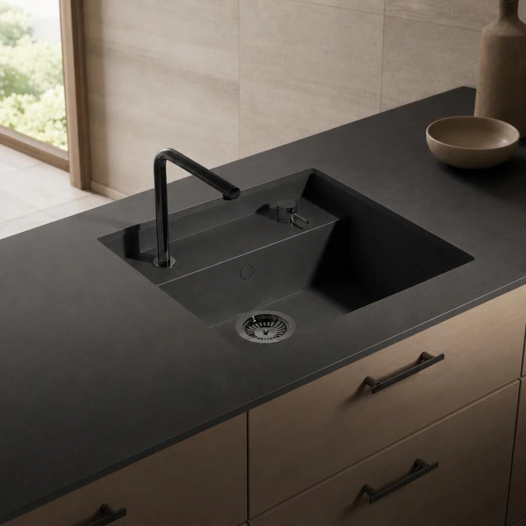 Dekton Saladeta countertop in Eter colour with integrated sink and black tap
