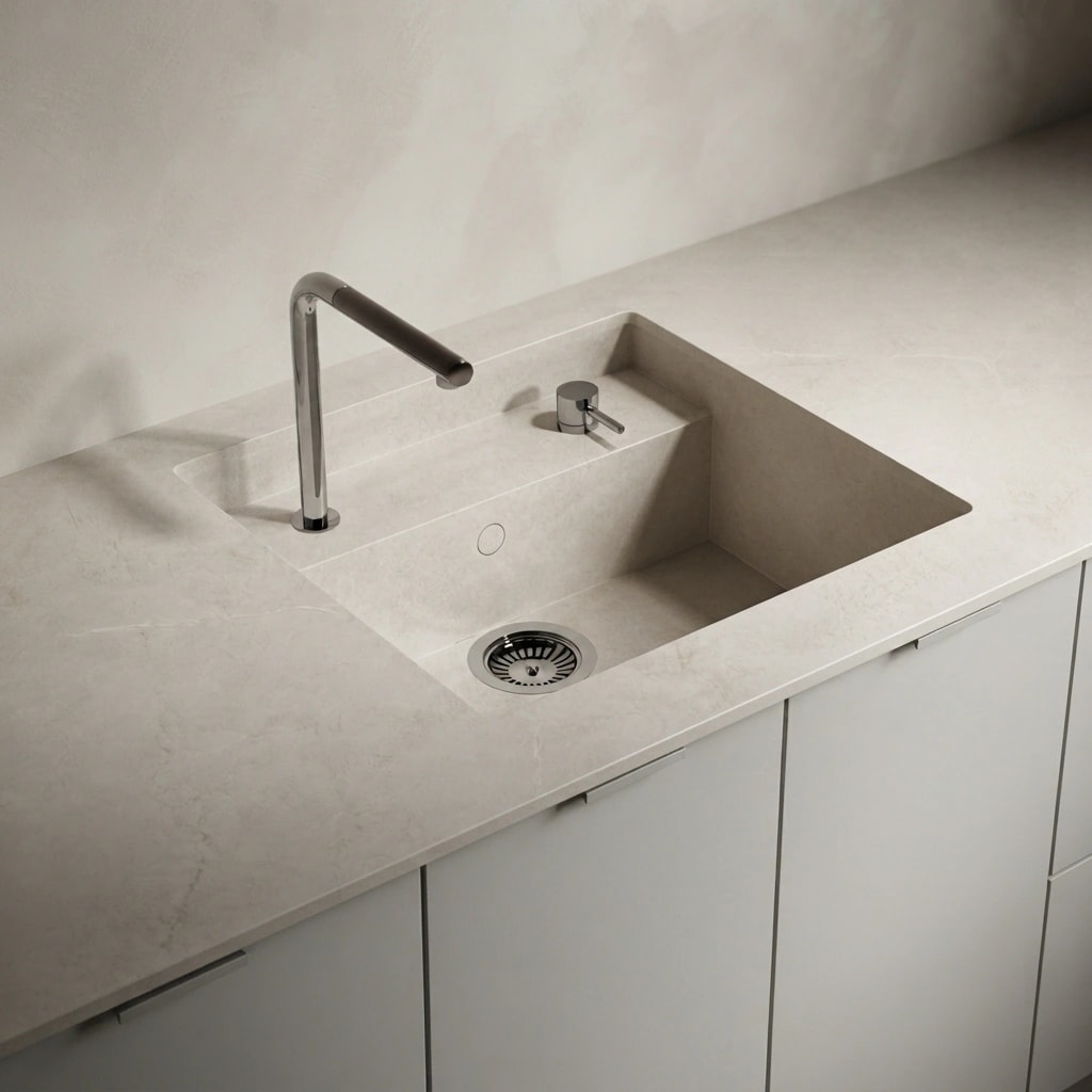 Dekton Evok countertop with integrated sink, faucet and white kitchen cabinet