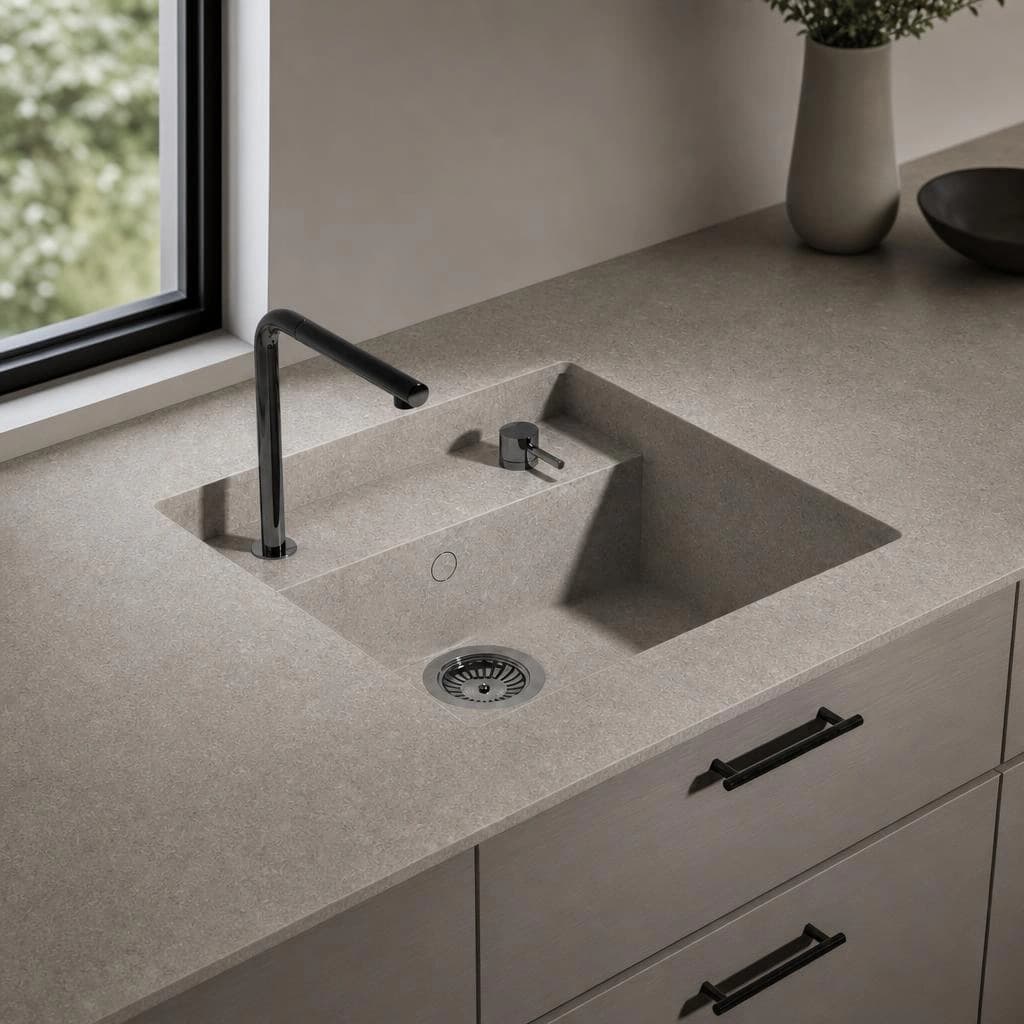 Dekton Grigio worktop with integrated sink, black tap and drawer unit