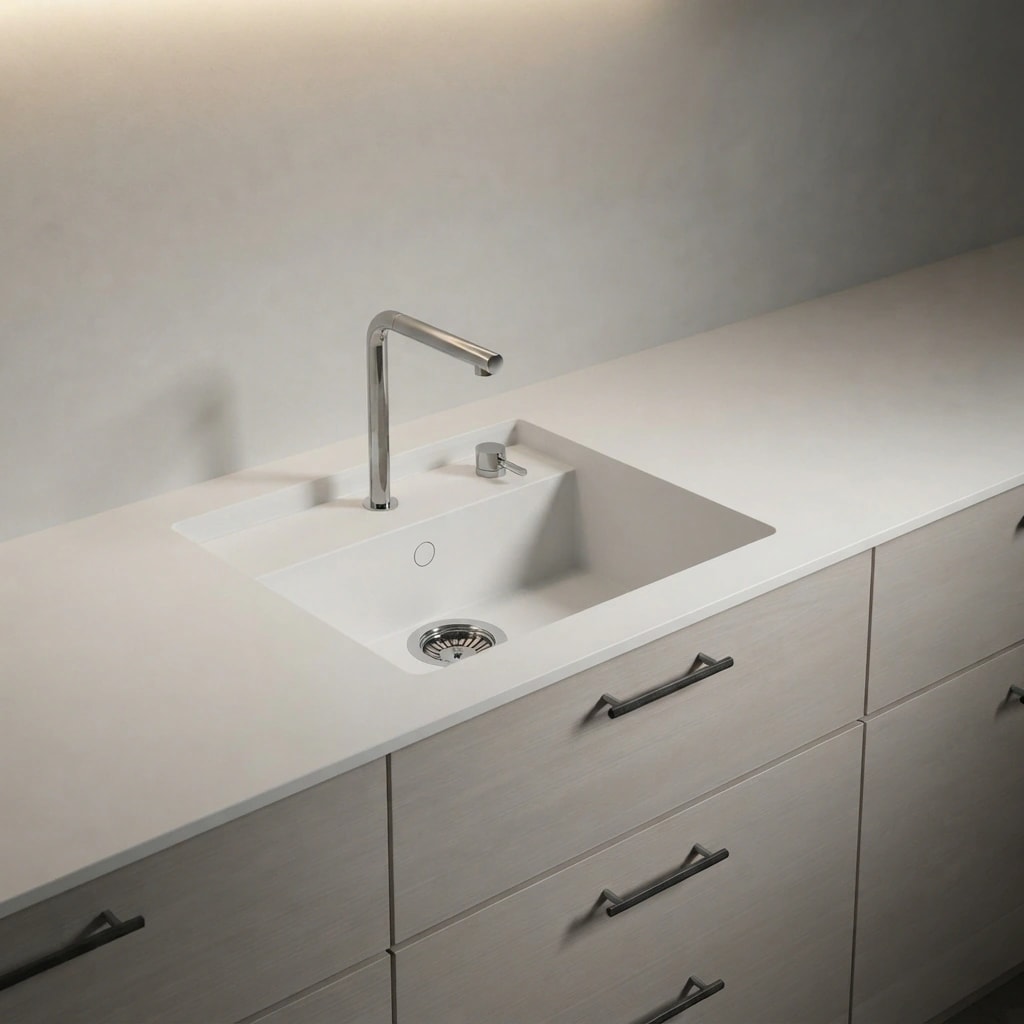 White Dekton Halo worktop with integrated sink and metal tap