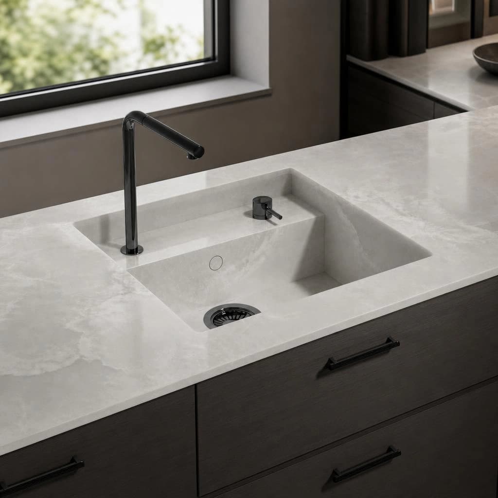 Dekton Helena countertop with integrated sink and black faucet in a kitchen