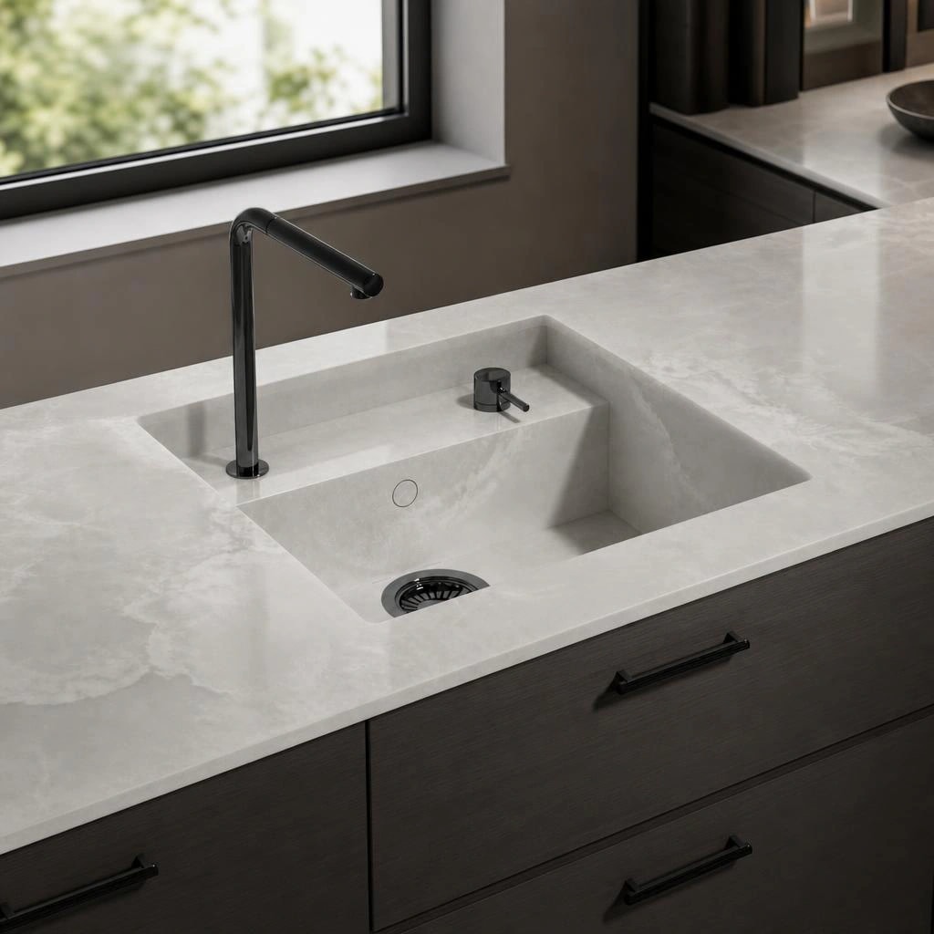 Dekton Helena countertop with integrated sink and black faucet in a kitchen