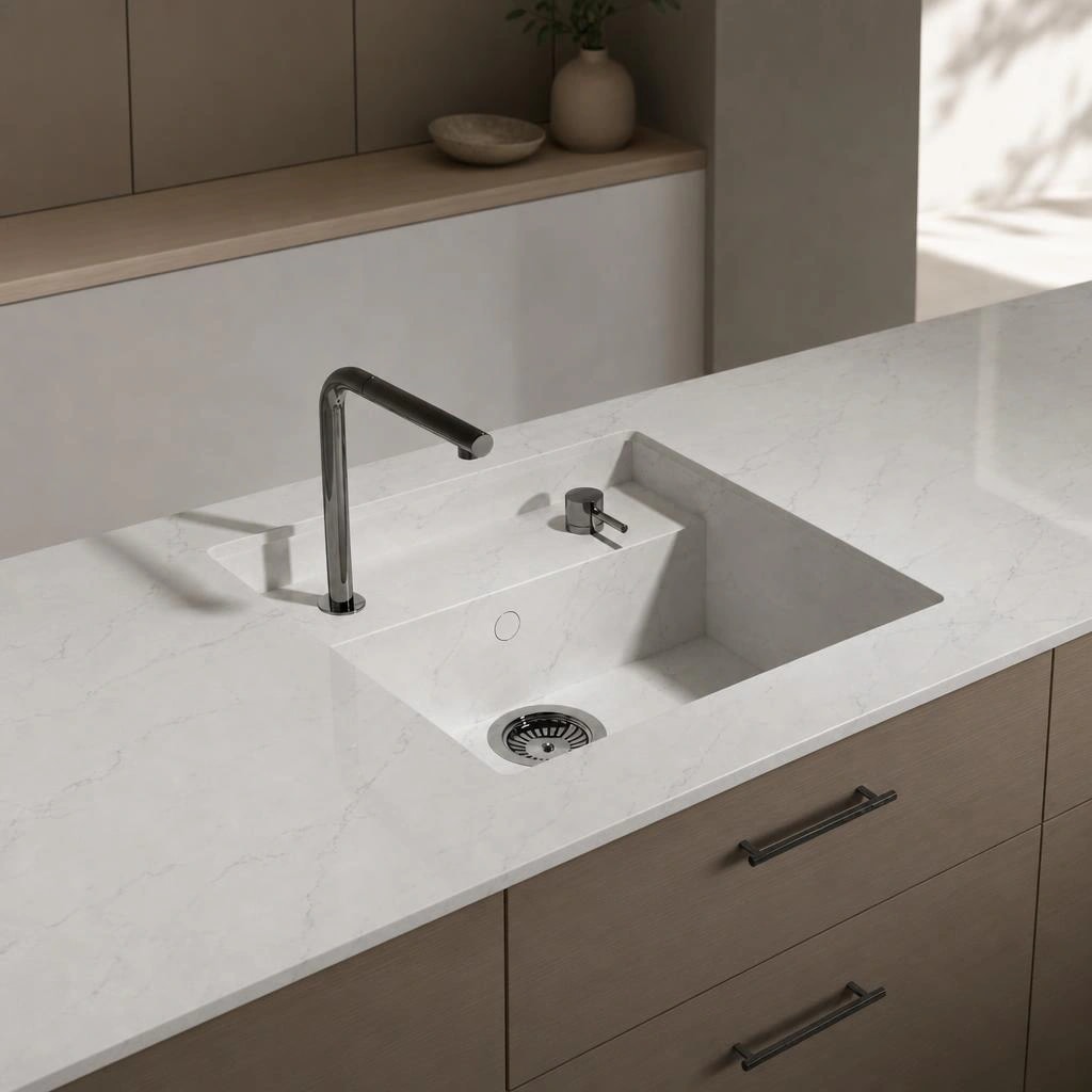 White Dekton Kairos countertop with integrated sink and black faucet