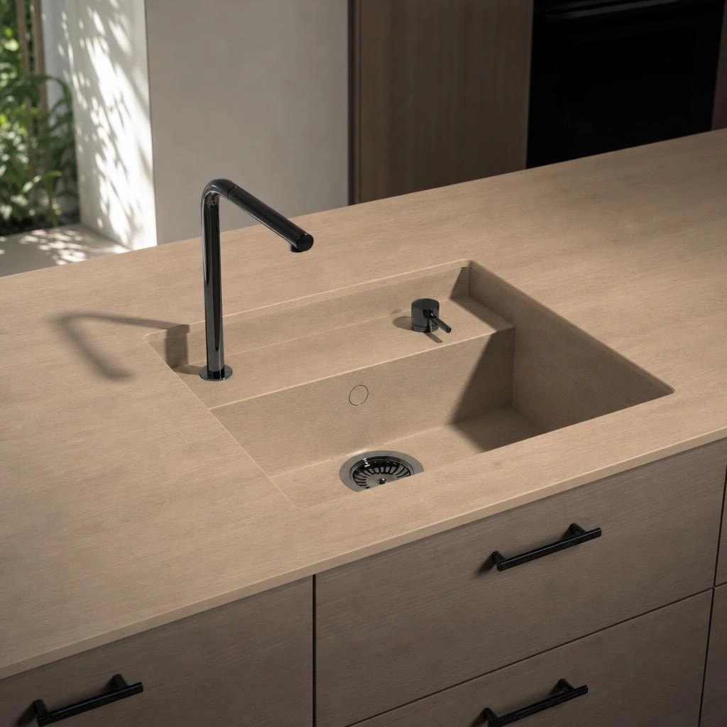 Piano di lavoro Dekton Saladeta in Kedar con lavello integrato e rubinetto nero