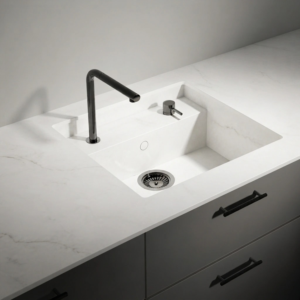White Dekton Keena countertop with integrated sink, black tap and dark base cabinets