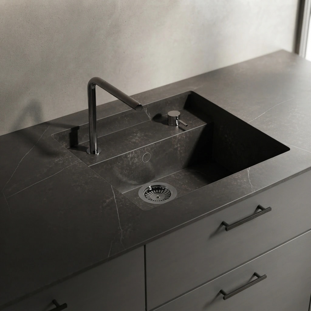 Dekton Kelya worktop with integrated sink, black tap and drainer