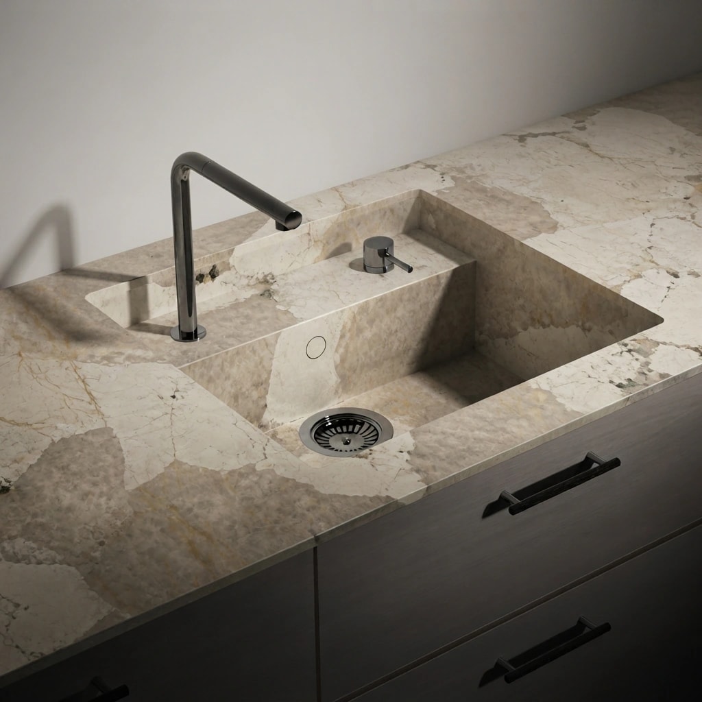 Dekton Khalo countertop with integrated sink, black tap and dark drawers
