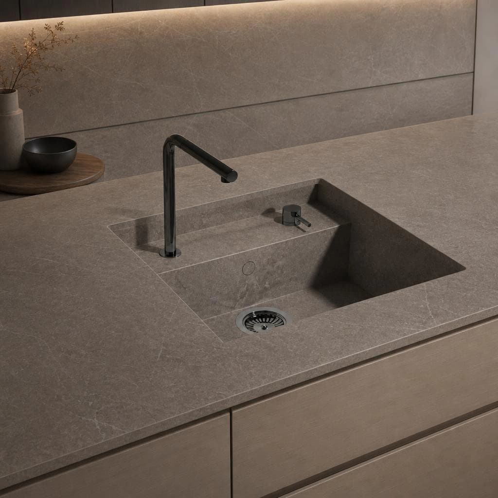Bancada Dekton Kira com lava-loiça integrado e torneira preta