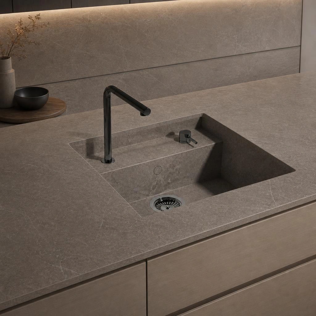 Dekton Kira countertop with integrated sink and black faucet