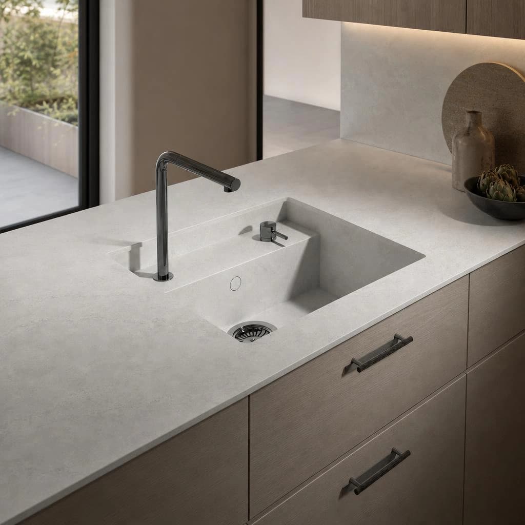 Dekton Kovik worktop with integrated sink and black tap