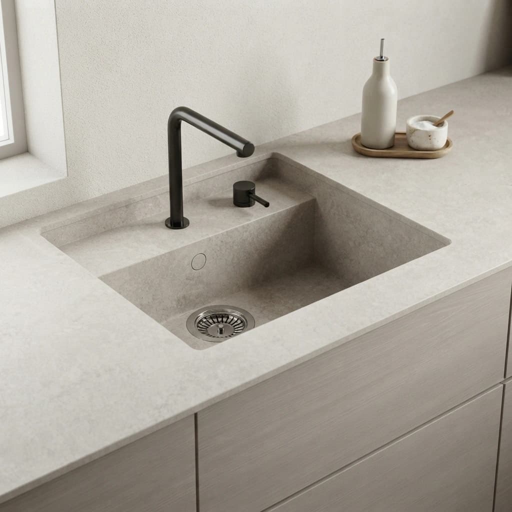 Dekton Kreta worktop with integrated sink, black tap and dispenser