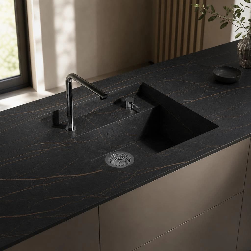 Black Dekton Laurent kitchen worktop with integrated sink and black tap