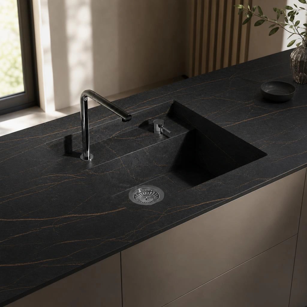 Black Dekton Laurent kitchen worktop with integrated sink and black tap