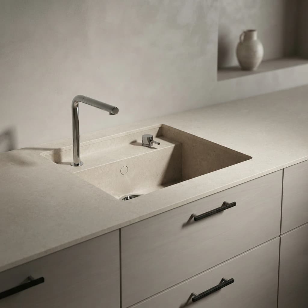 Dekton Lunar countertop with integrated sink, faucet and kitchen base units