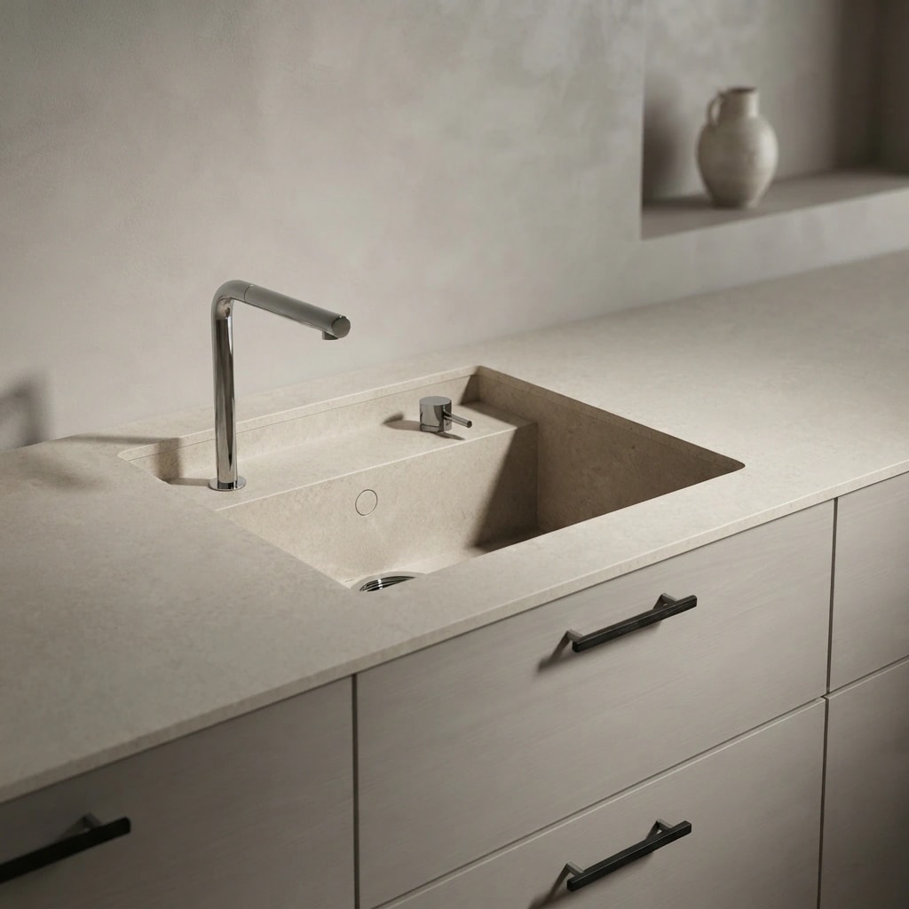 Dekton Lunar countertop with integrated sink, faucet and kitchen base units