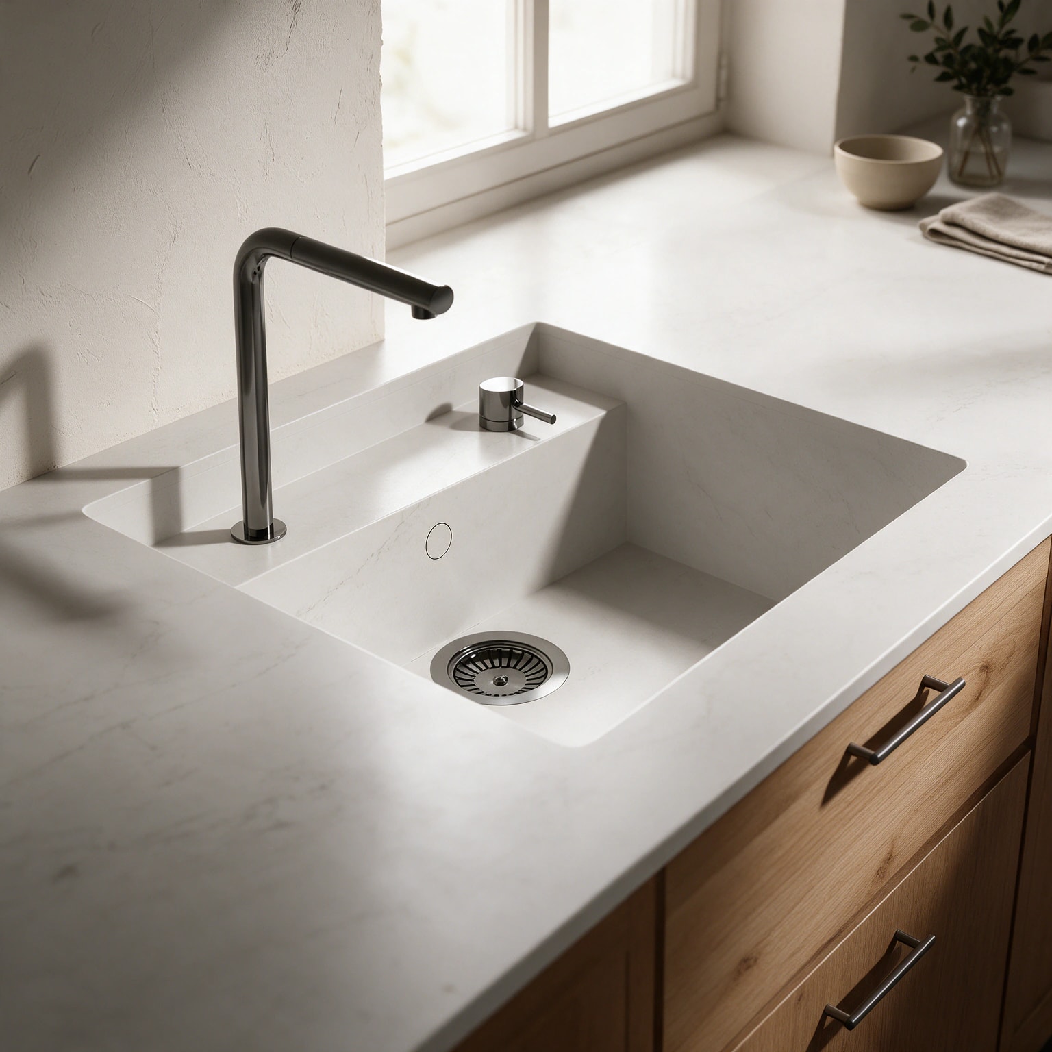 Évier Saladeta intégré dans un plan de travail de cuisine Dekton Marina.