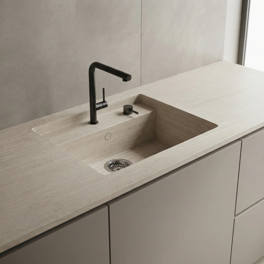 Dekton Marmorio countertop with integrated sink and black faucet