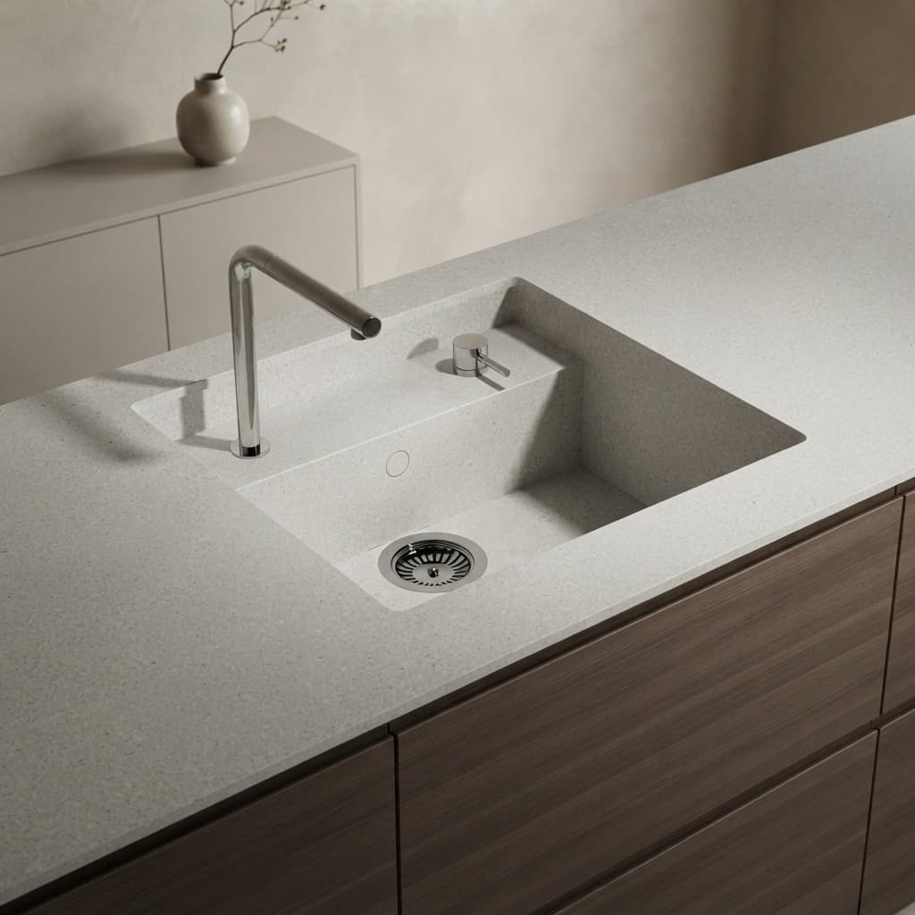 Dekton Nacre countertop with integrated sink and metal tap