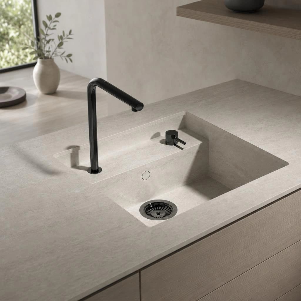 Dekton Nara worktop with integrated sink, black tap and soap dispenser