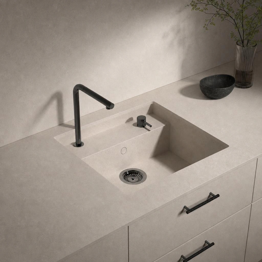 Dekton Saladeta countertop in Nebbia with integrated sink, black faucet and base cabinet