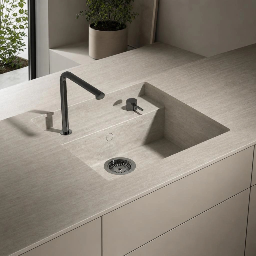 Dekton Nebu countertop with integrated sink, black faucet and light-colored kitchen cabinetry