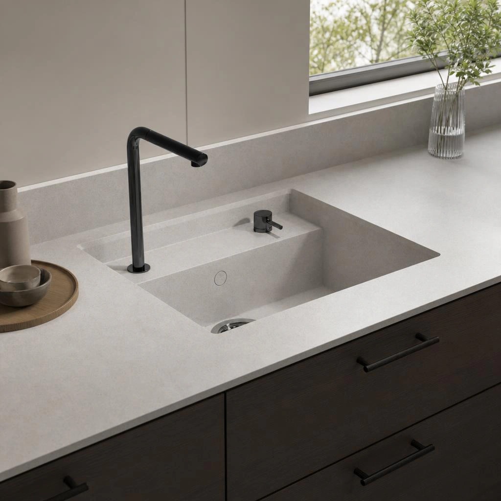 White Dekton Saladeta Polar countertop with integrated sink, black tap and dark cabinets