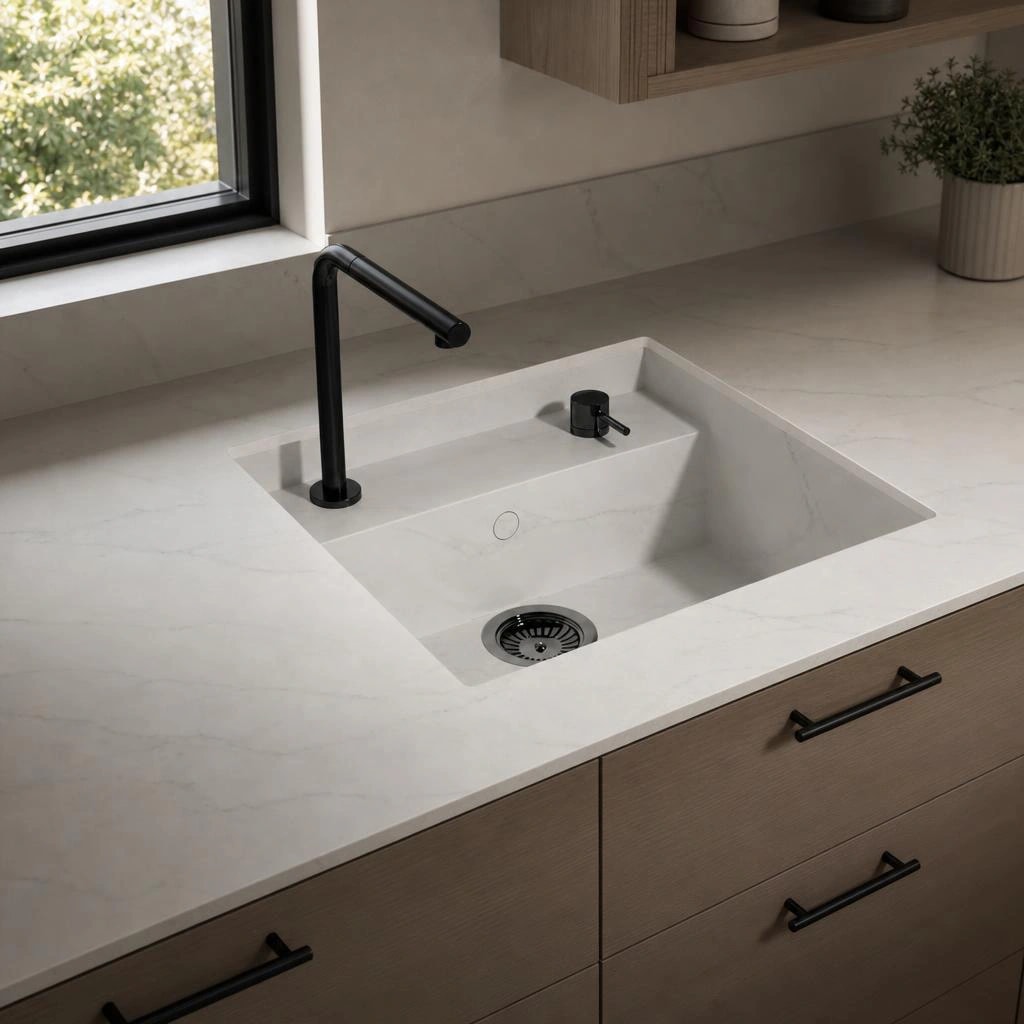 Dekton Rem countertop with integrated sink and black faucet