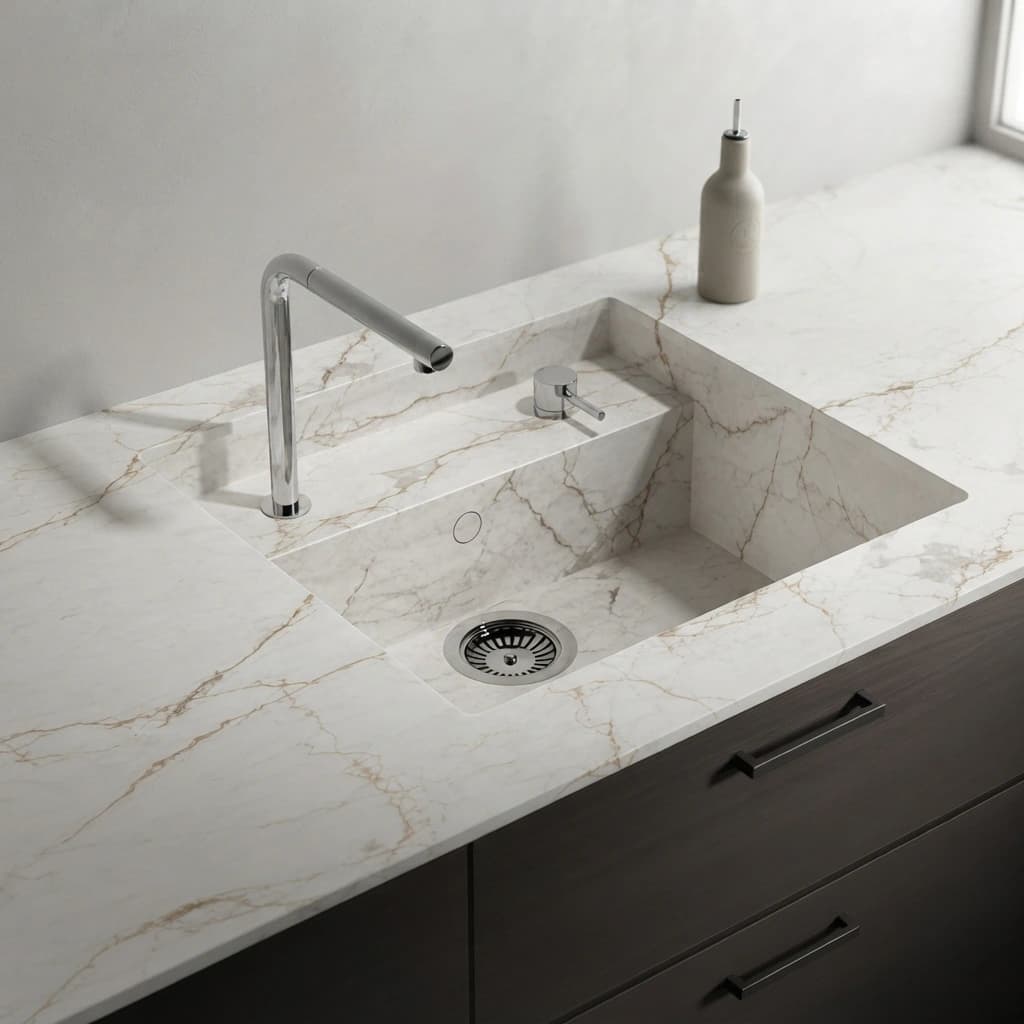Piano di lavoro Dekton Reverie con lavello integrato e rubinetto cromato