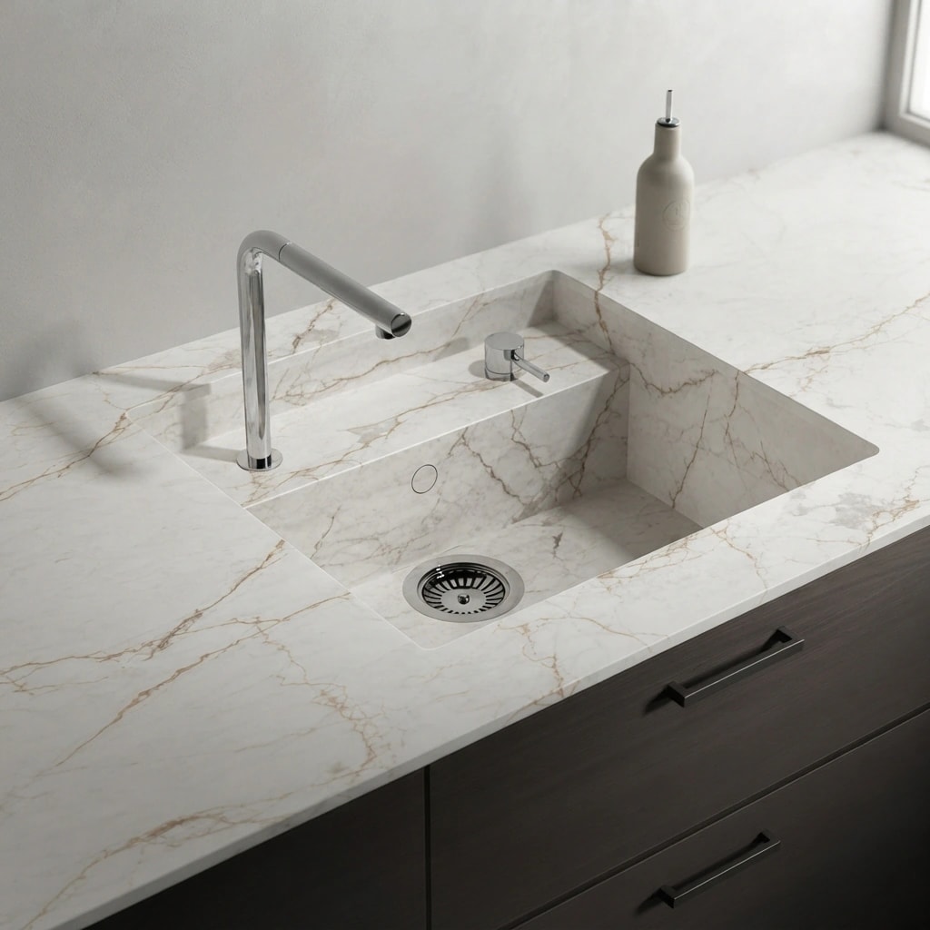 Dekton Reverie countertop with integrated sink and chrome tap