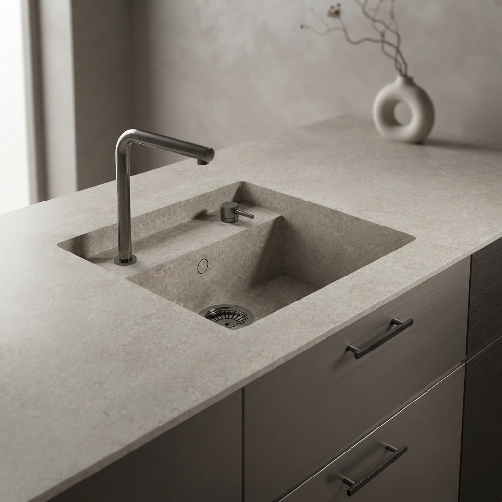 Dekton Saladeta countertop in Sabbia with integrated sink and single-lever tap