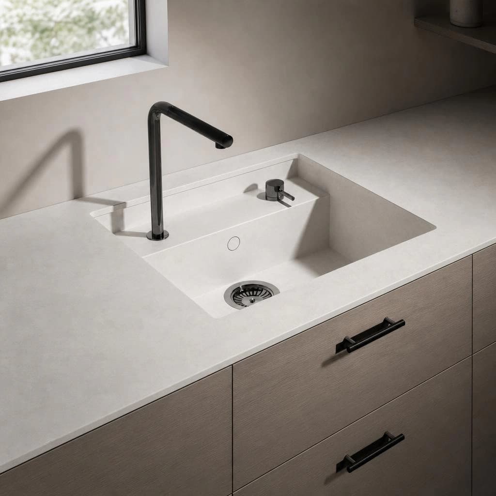 Dekton Saladeta countertop in Sandik with integrated sink, black tap and base cabinets