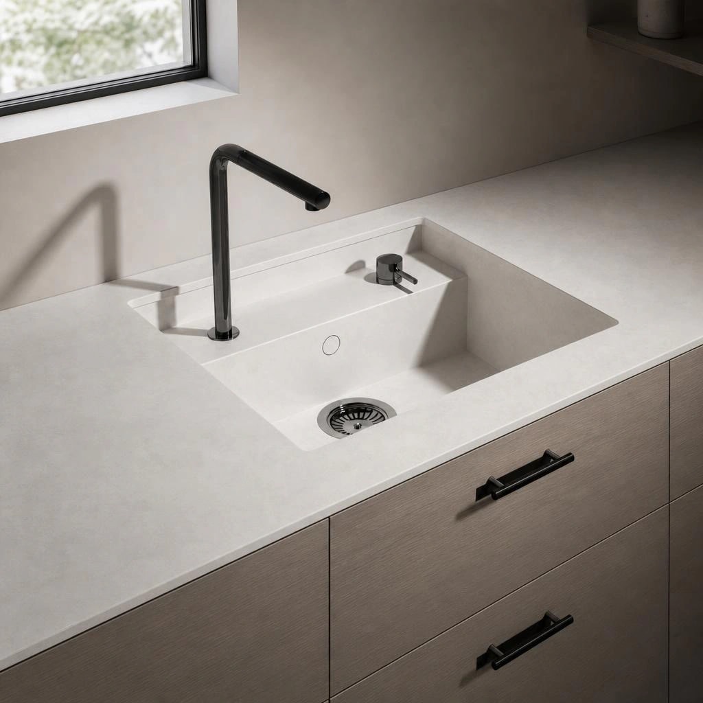 Dekton Saladeta countertop in Sandik with integrated sink, black tap and base cabinets