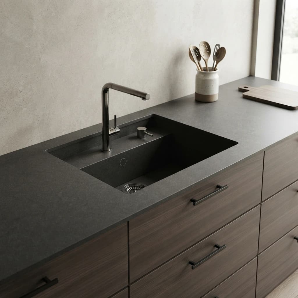 Schwarze Dekton Sirius Arbeitsplatte mit integriertem Spülbecken und Armatur in einer Küche
