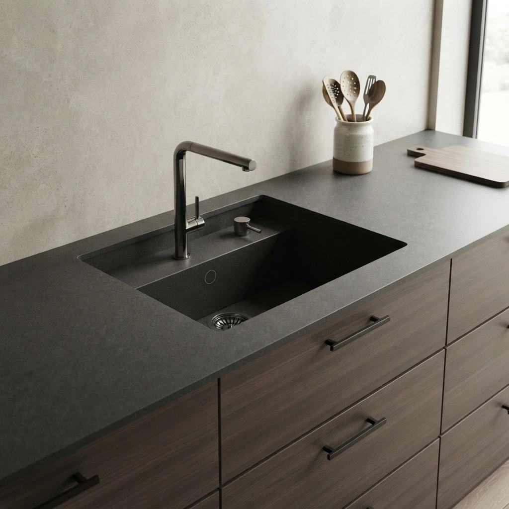 Black Dekton Sirius countertop with integrated sink and tap in a kitchen