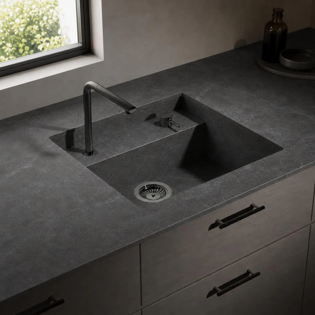 Dark Dekton Soke worktop with integrated sink and black tap