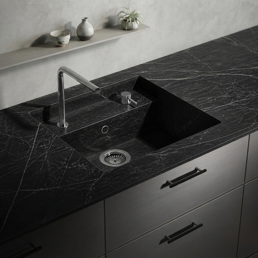 Black Dekton Somnia countertop with an integrated sink and tap in a kitchen