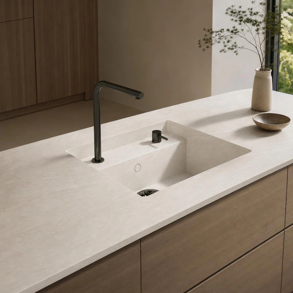 Dekton Thala worktop with integrated sink and black tap