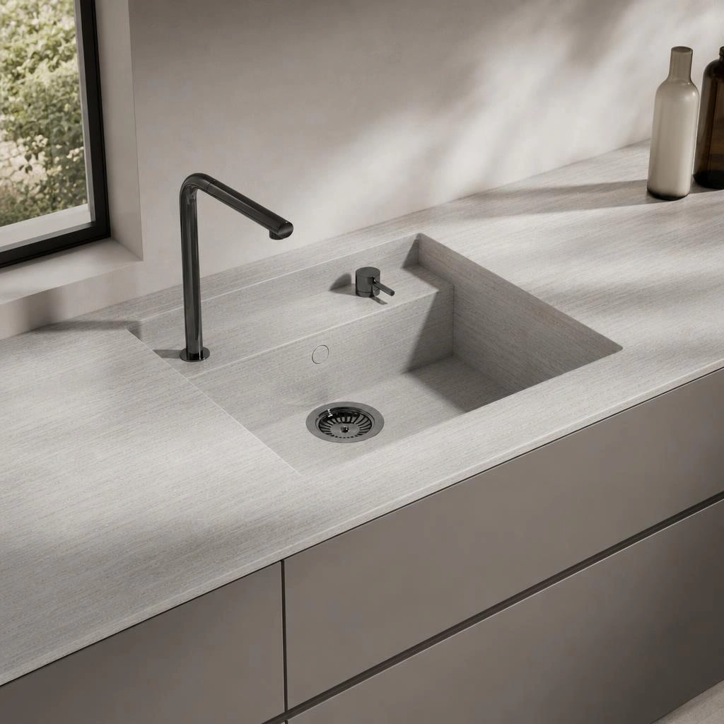 Dekton Trevi worktop with integrated sink, black tap and dispenser