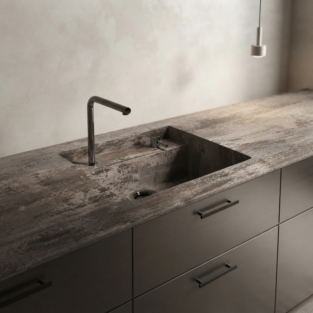 Dekton Trilium worktop with integrated sink and kitchen tap